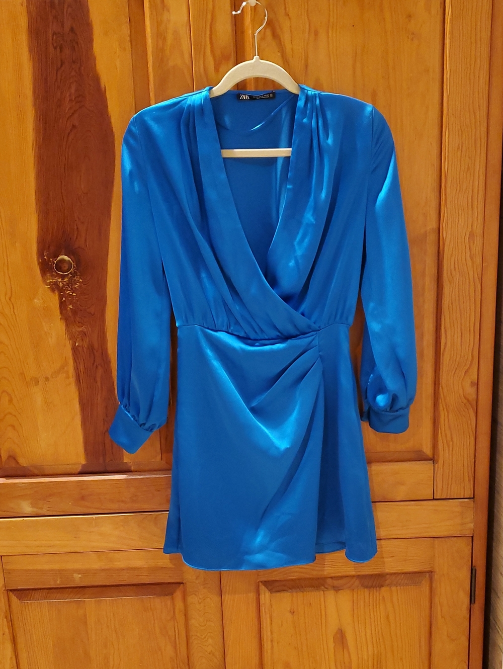 Zara Electric Blue Satin Wrap Long Sleeve Dress Small